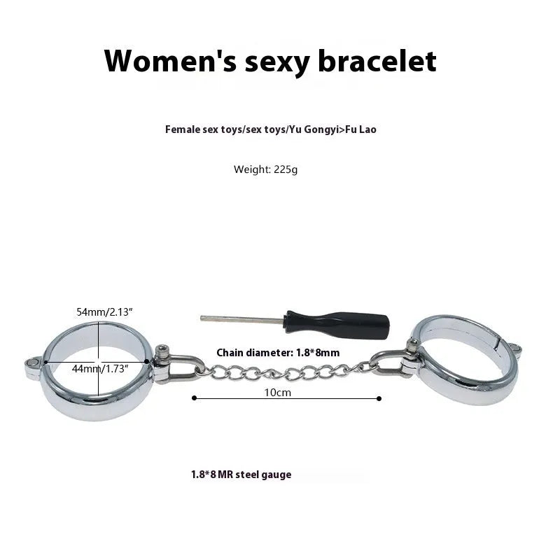 Silver zinc alloy handcuffs and footcuffs set with stainless steel detailing for adult role-play