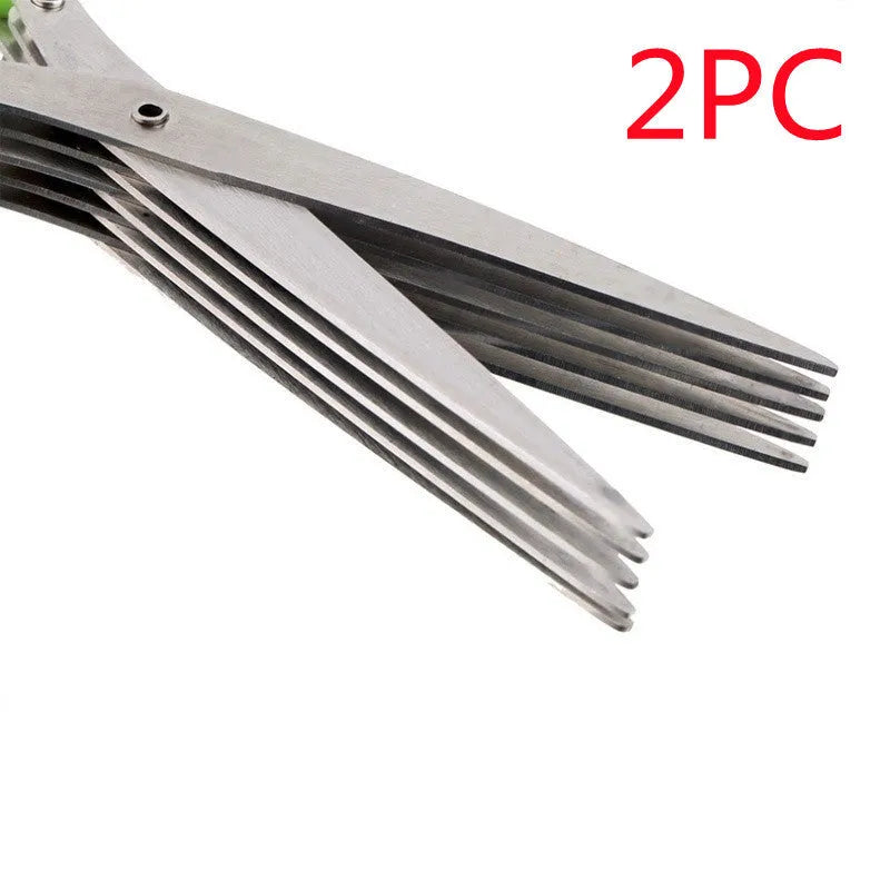 Green stainless steel multi-blade herb scissors with V-shaped design for cutting nori and green onions.