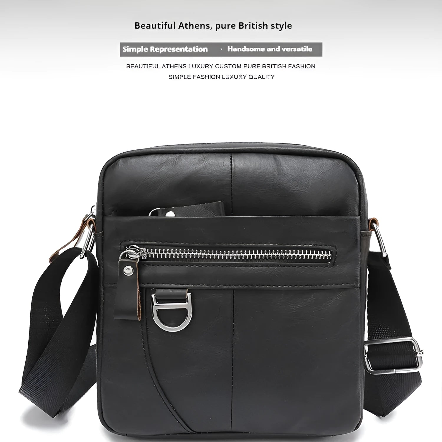 Black retro genuine leather shoulder messenger bag for boys with sewing line detailing