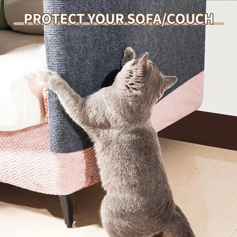 Self-adhesive cat scratch carpet mat in beige, trimmed to fit sofa arm, with scissors and roll packaging