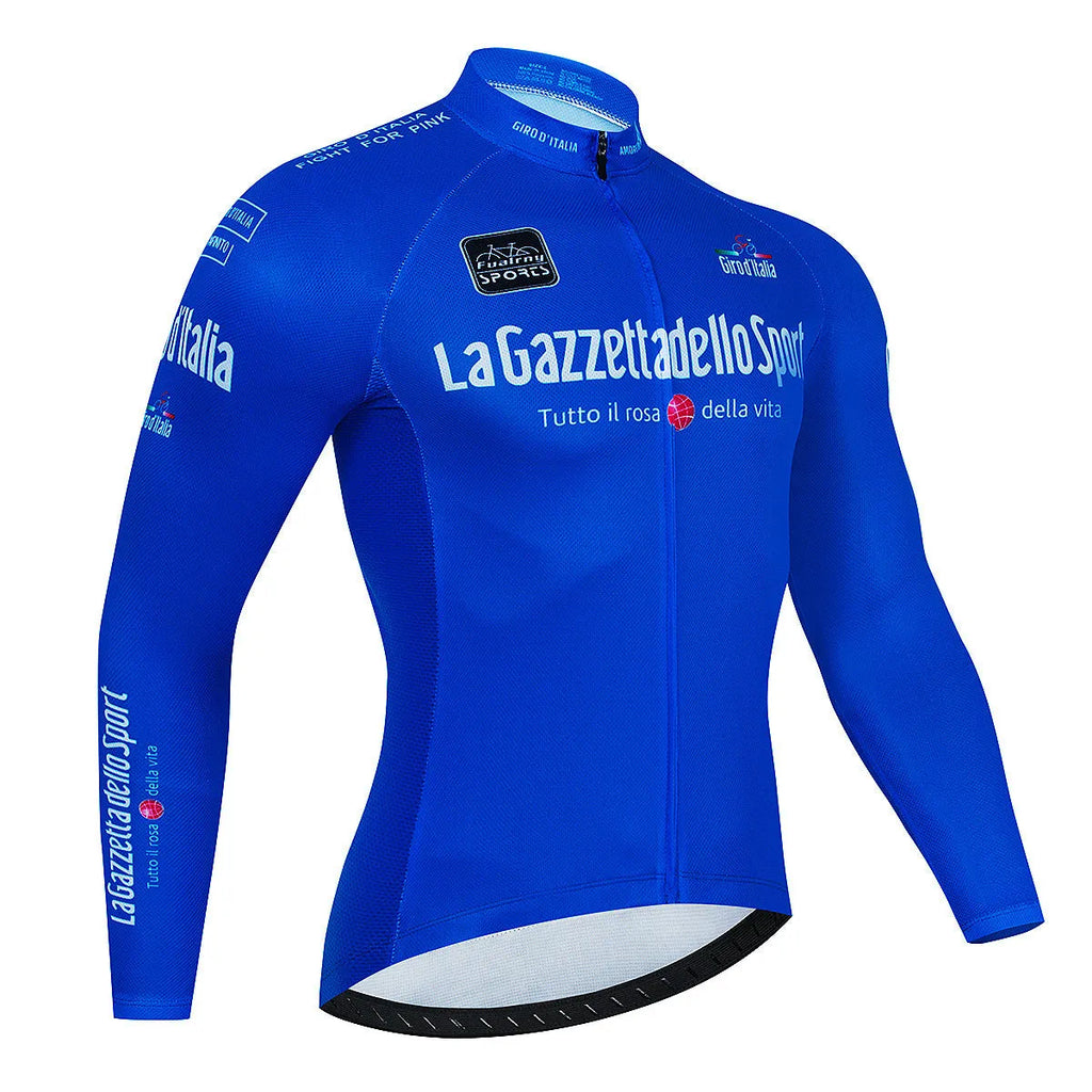Men's long sleeve patterned cycling top for mountain biking on a mannequin.