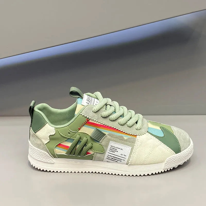 Casual shoes with mesh upper and fabric leather stitching in bean green colour