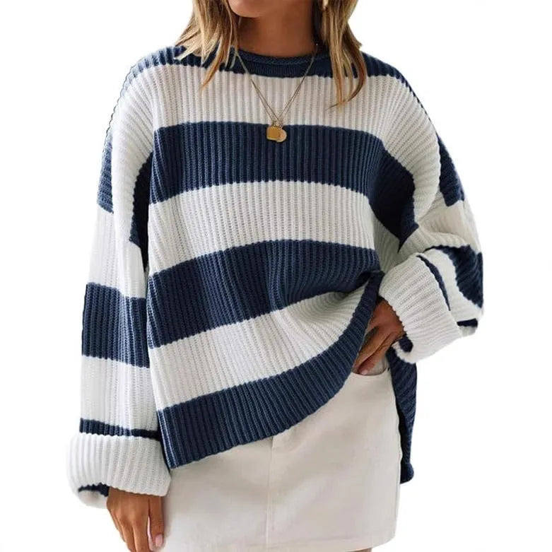 Women's striped pullover with bell sleeves and crocheted flower details in viscose fibre