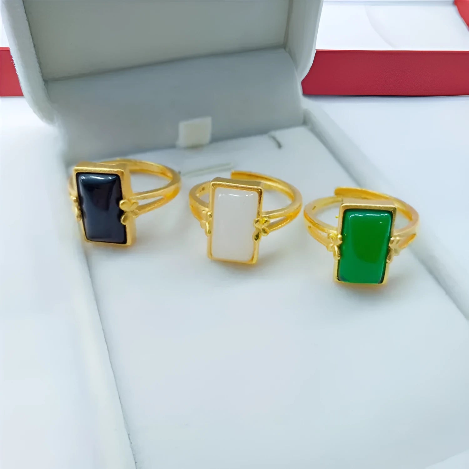 Adjustable gold-plated brass ring with artificial gemstone in national style design