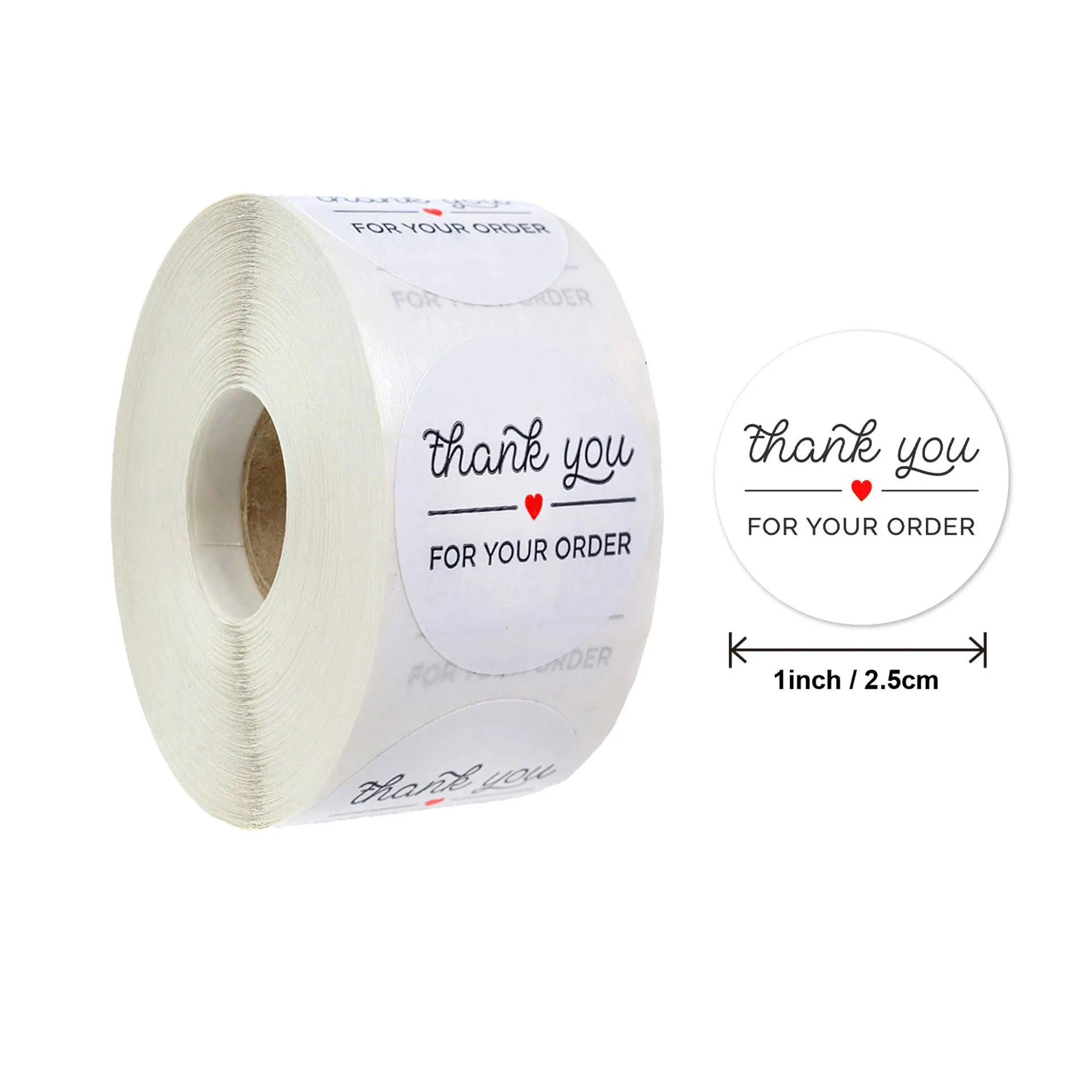 Round white thank you for ordering sticker, 2.5cm, copper plate paper, 500 pieces per roll