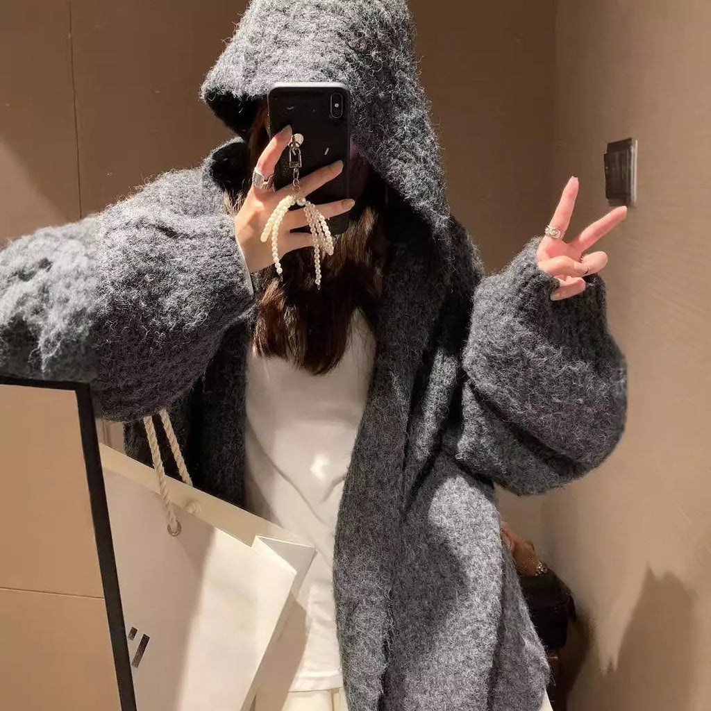 Women's dark grey retro hooded cardigan with loose fit and thick acrylic fabric