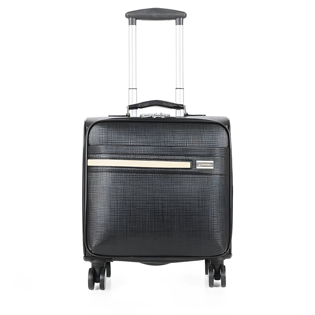 PU leather business case in black with airplane wheels and lockable zip, 18 inch size for laptop and document storage