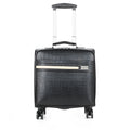 PU leather business case in black with airplane wheels and lockable zip, 18 inch size for laptop and document storage