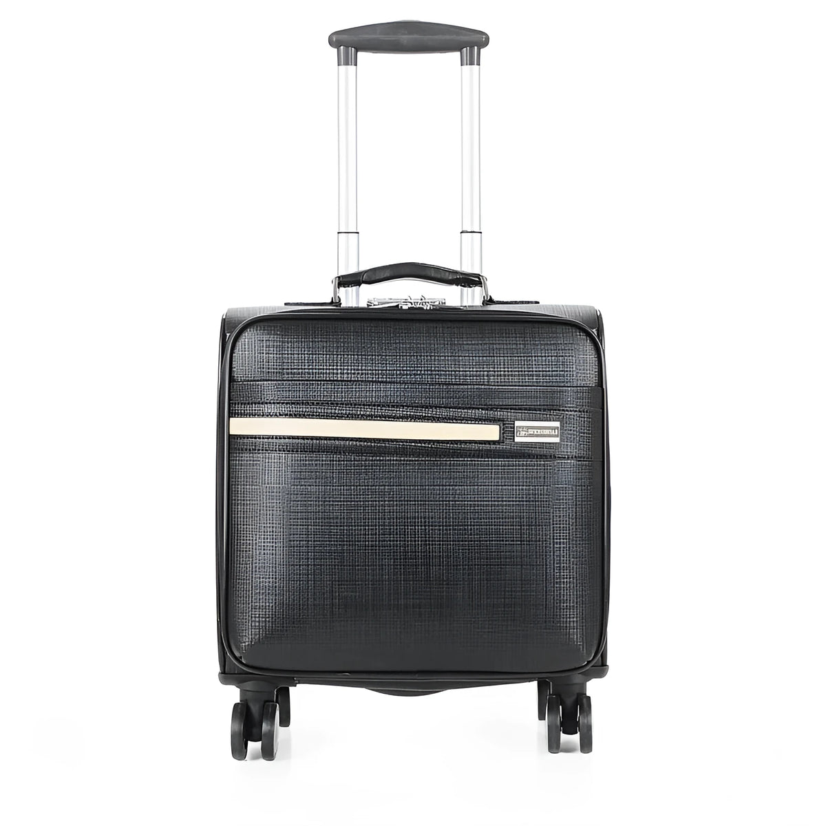 PU leather business case in black with airplane wheels and lockable zip, 18 inch size for laptop and document storage