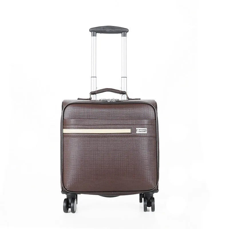 PU leather business case in black with airplane wheels and lockable zip, 18 inch size for laptop and document storage