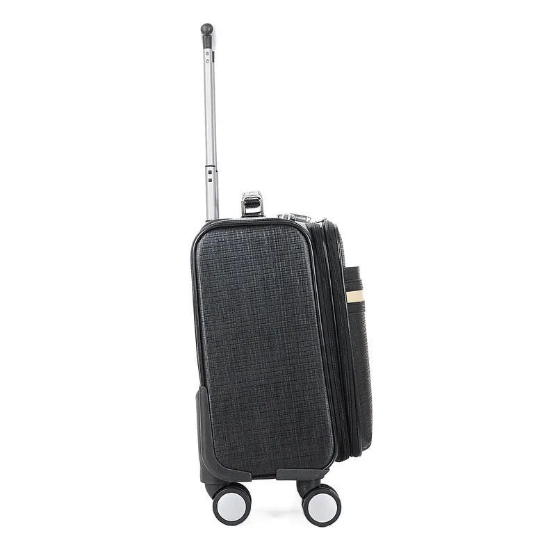 PU leather business case in black with airplane wheels and lockable zip, 18 inch size for laptop and document storage