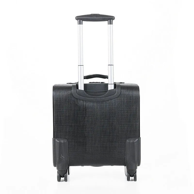 PU leather business case in black with airplane wheels and lockable zip, 18 inch size for laptop and document storage