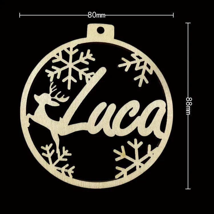 Hollow wooden Christmas tree decoration pendant with carved design personalised with English name