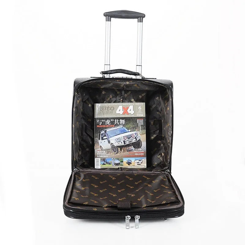 PU leather business case in black with airplane wheels and lockable zip, 18 inch size for laptop and document storage