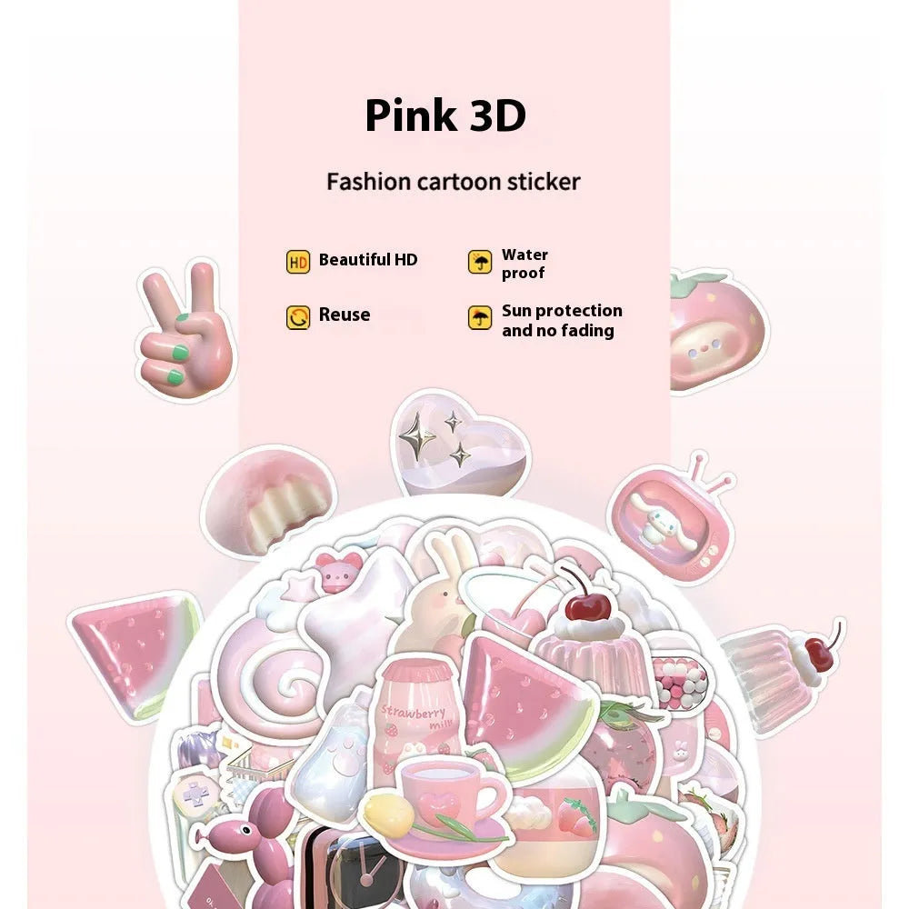 Sheet of 63 pink girl heart decorative stickers with 3D effect in cute style