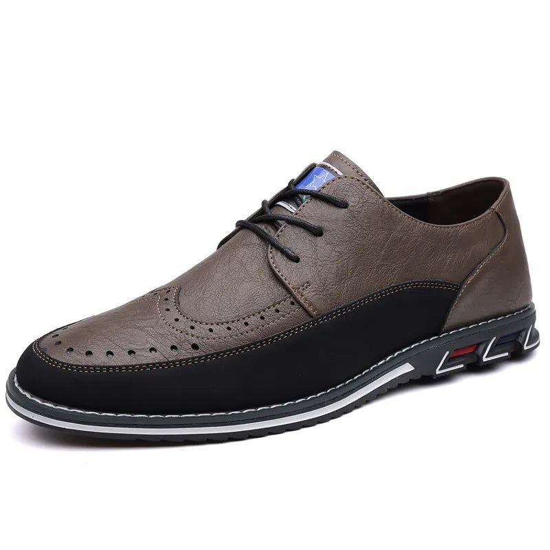 Men's black leather slip-on loafer shoe with a rubber sole and visible stitching detail