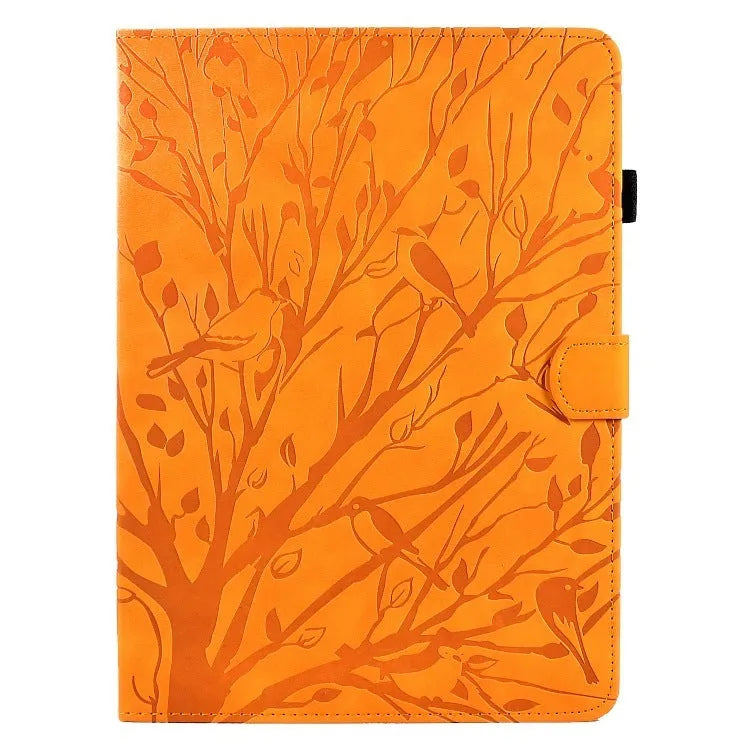 Imitation leather tablet protective case in khaki colour with an engraved texture and built-in stand, open to show an iPad.