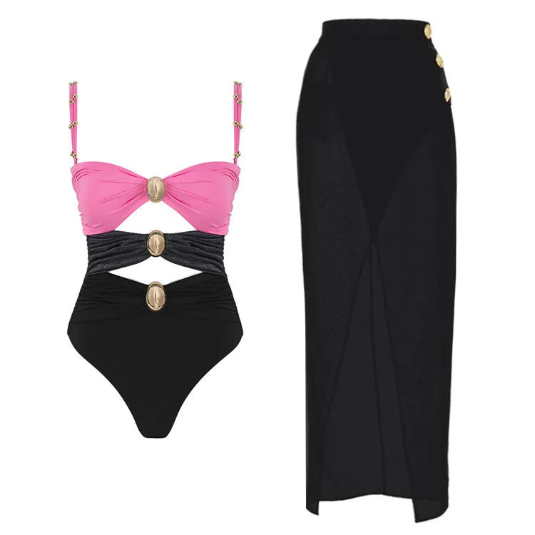 Women's gold button one-piece swimsuit with matching skirt in assorted colours