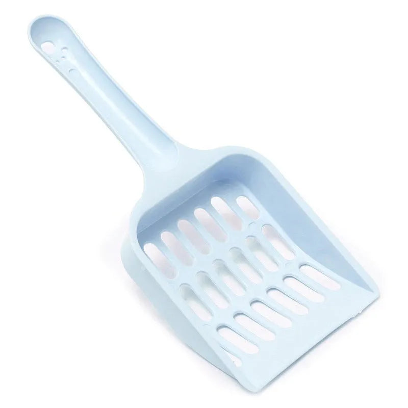 Plastic cat litter scoop in blue, green, or pink colours showing 20cm length