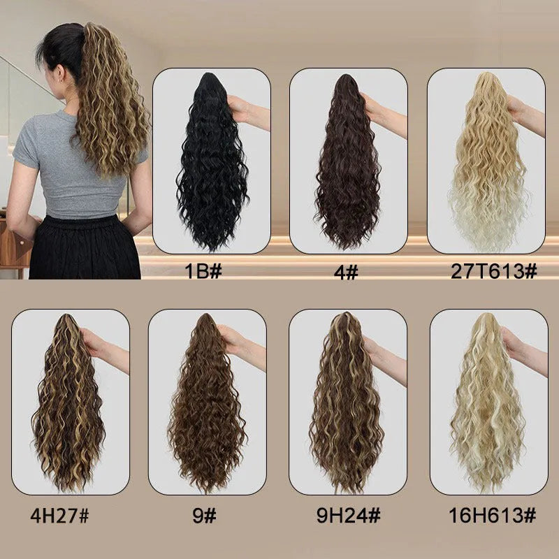 Corn curler wig with water ripple grip ponytail in synthetic high temperature fibre, shown in colour 1B.