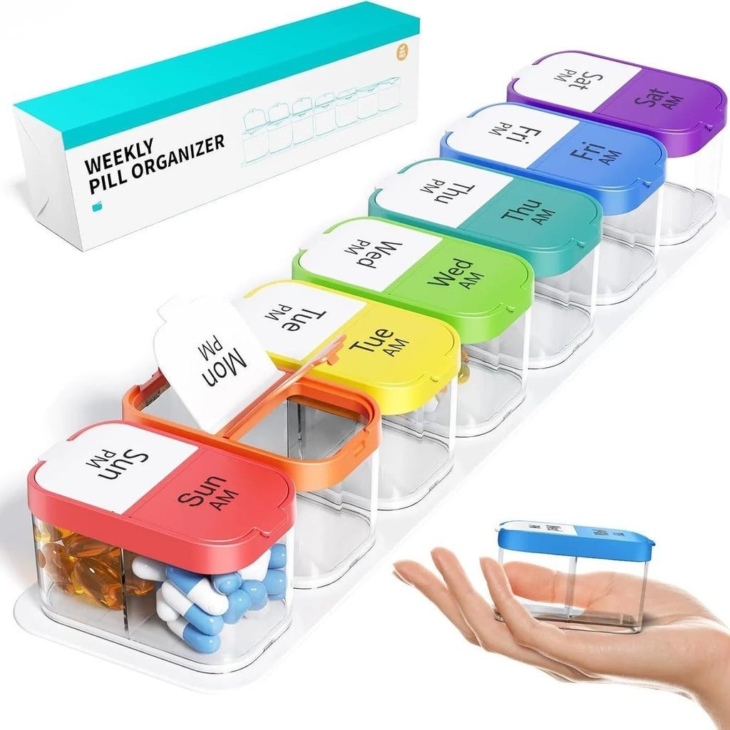 Amazon 14 compartment pill box with removable sections in white and rainbow colour options