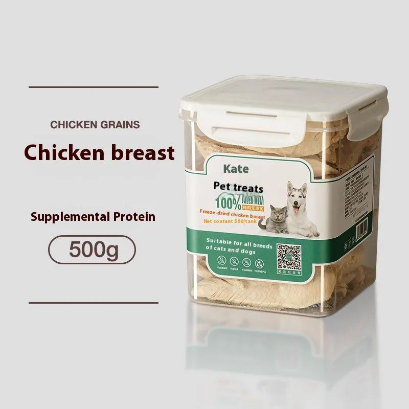 500g chicken freeze-dried cat treats in bag or can packaging showing high-grade chicken pieces