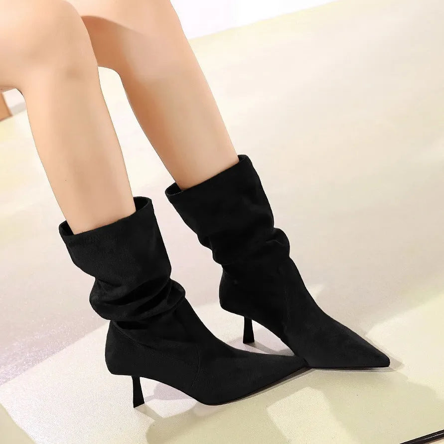 Women's mid-calf pointed toe stiletto boots with elastic pleated pile in solid colour with sewing line detail