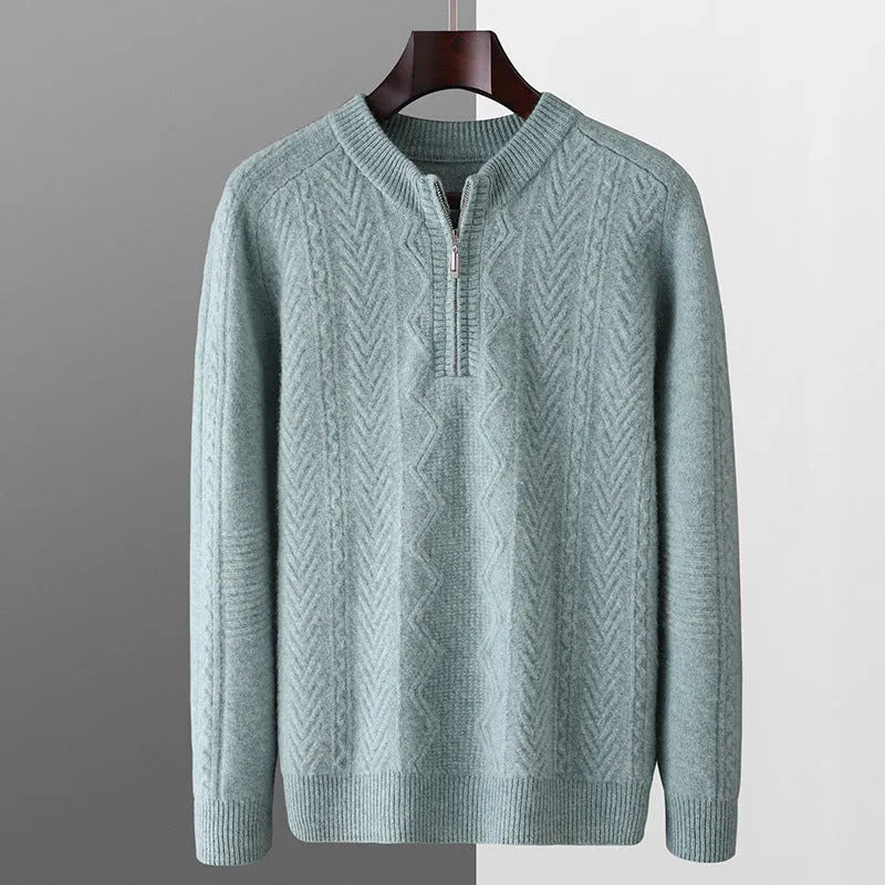 Men's pure wool diamond lattice pattern half-zip loose fit sweater in light camel colour