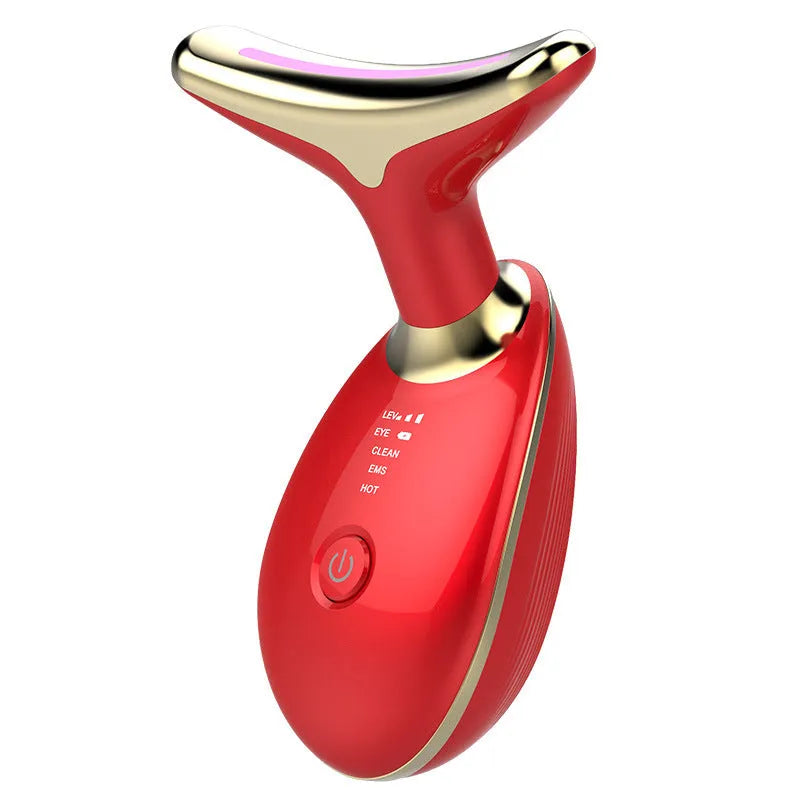 Black and silver EMS thermal neck lifting massager with LED lights for wrinkle reduction and skin tightening.