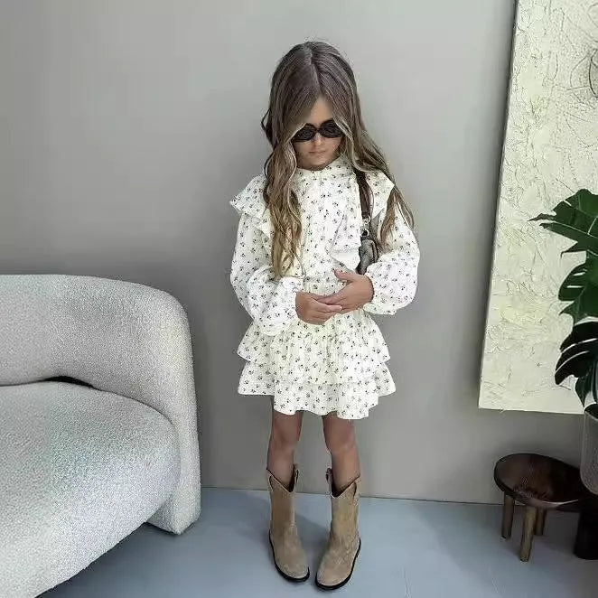 Girls autumn floral lace shirt tiered skirt two-piece cotton set with shorts pullover style