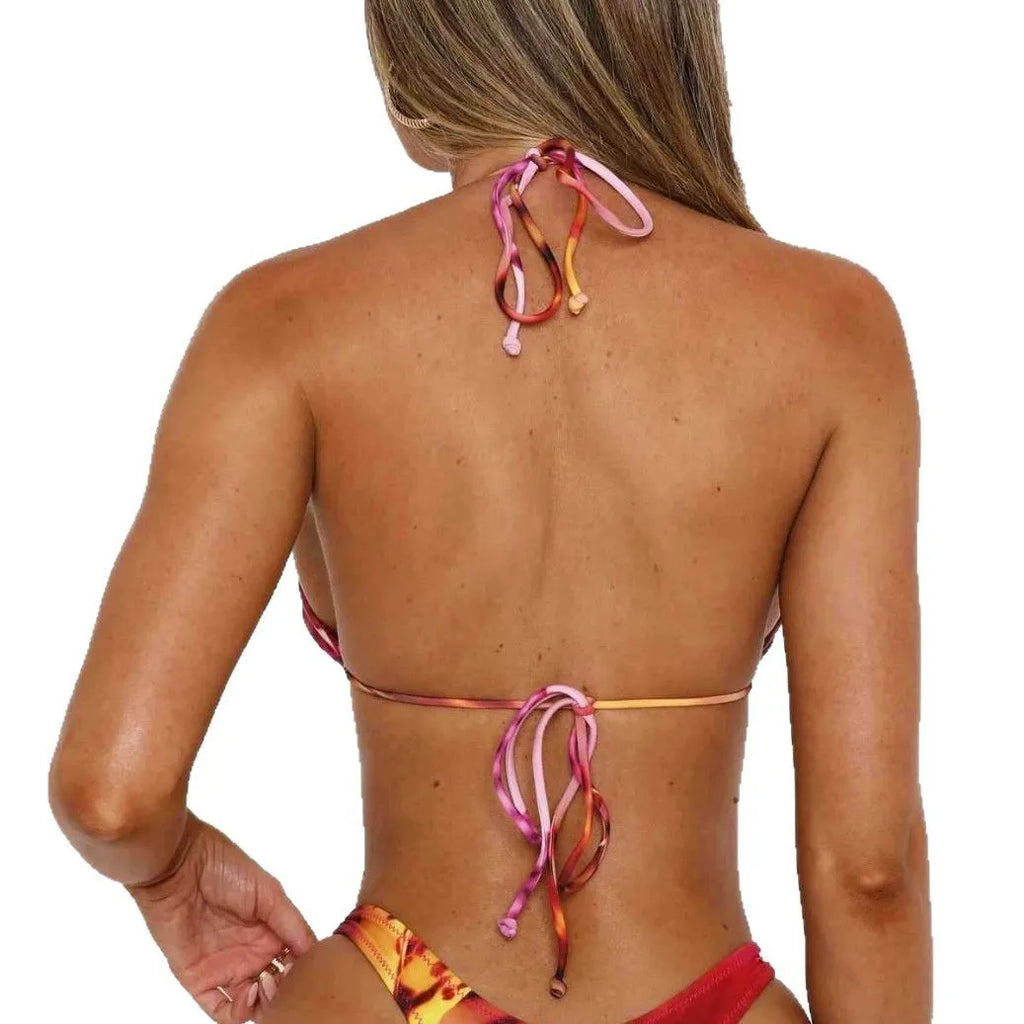 Women's split fashion bikini set in solid colour nylon and polyester, two-piece design, backless style, high elasticity