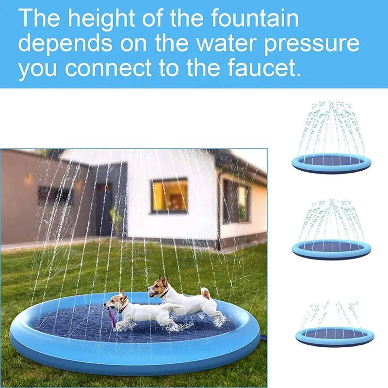 Bright blue inflatable dog splash pad with textured base, shown in a garden setting.