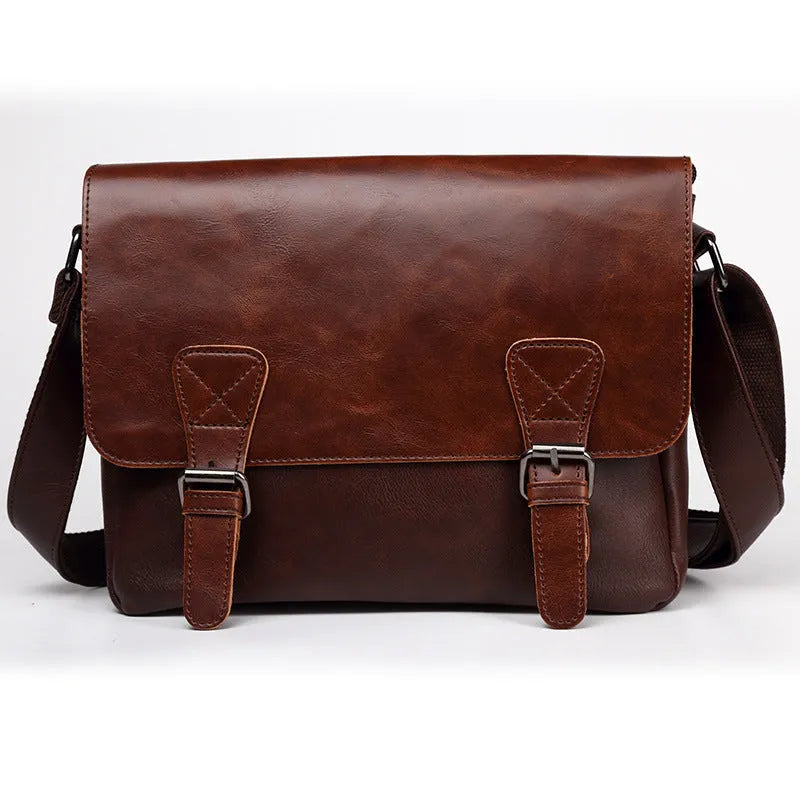 Men's PU leather vintage one-shoulder satchel with plaid pattern, black and brown options, 28x33x8cm