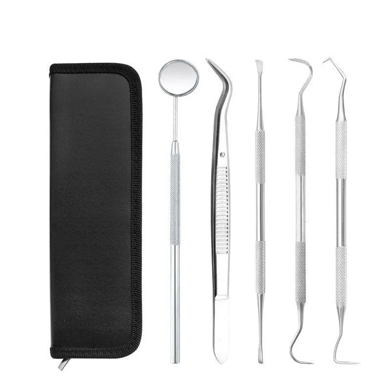Red and black leather pouch containing dental tools set with scaler, probe, and tweezers for household teeth cleaning