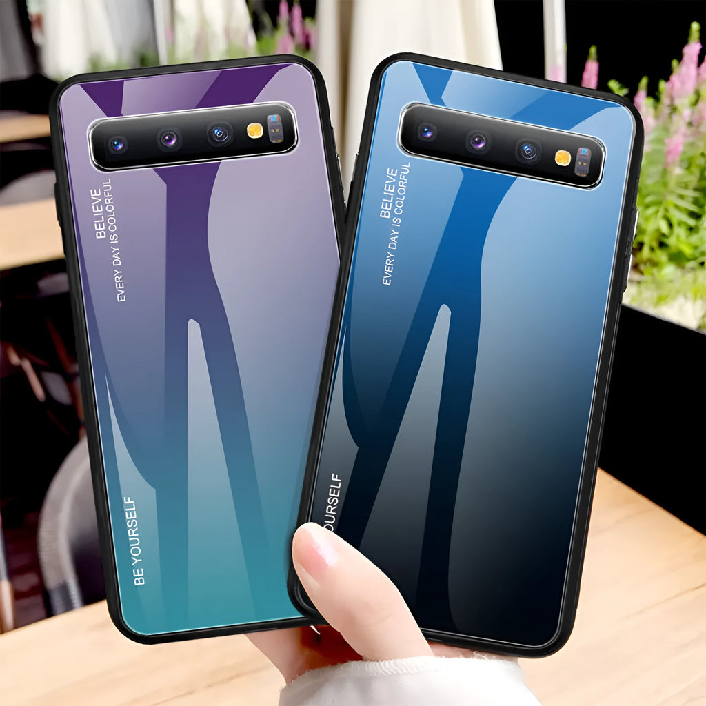 Gradient glass phone case for Samsung A series showing back cover with TPU frame and colour transition finish