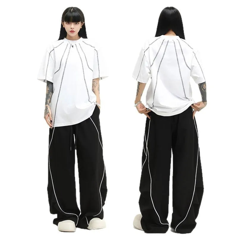 Black striped wide-leg sports trousers with pleated mid waist for hip hop dance