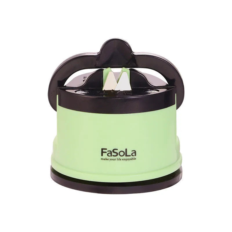 Fixed angle tungsten steel knife sharpener in mustard green with plastic body and arrow direction label