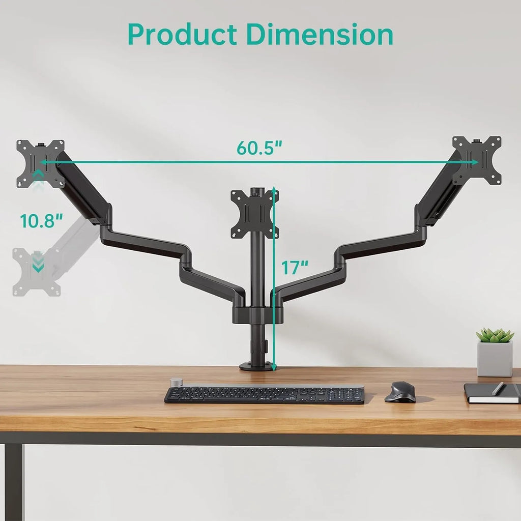 Black three-arm gas spring monitor mount for 13 to 27 inch computer screens