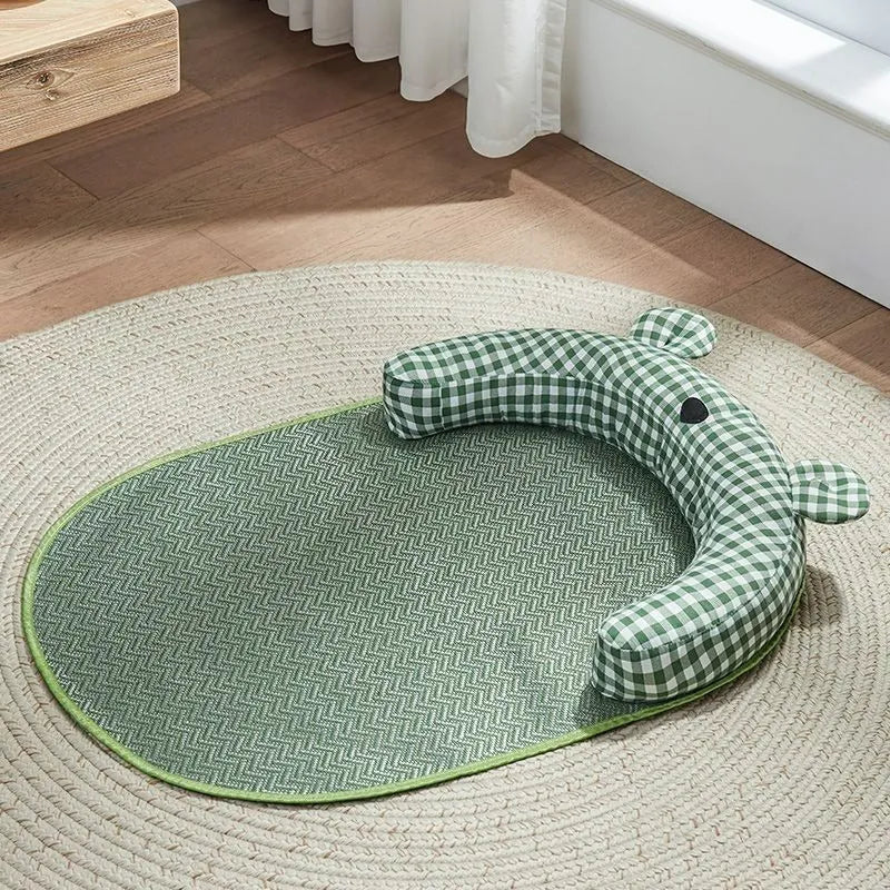 Green and yellow reversible dog cooling mat showing both sides, with size options S M L XL.