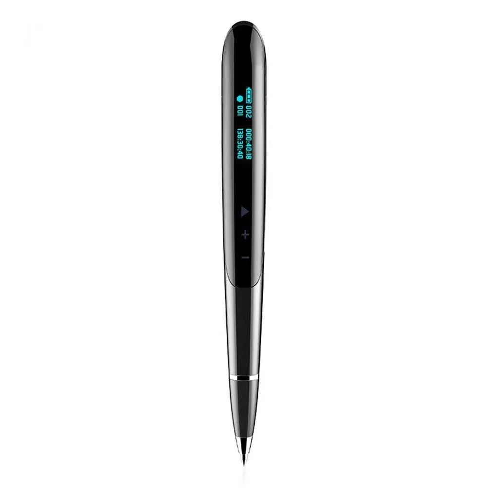 Black and silver lossless recording pen with OLED display screen on a white background