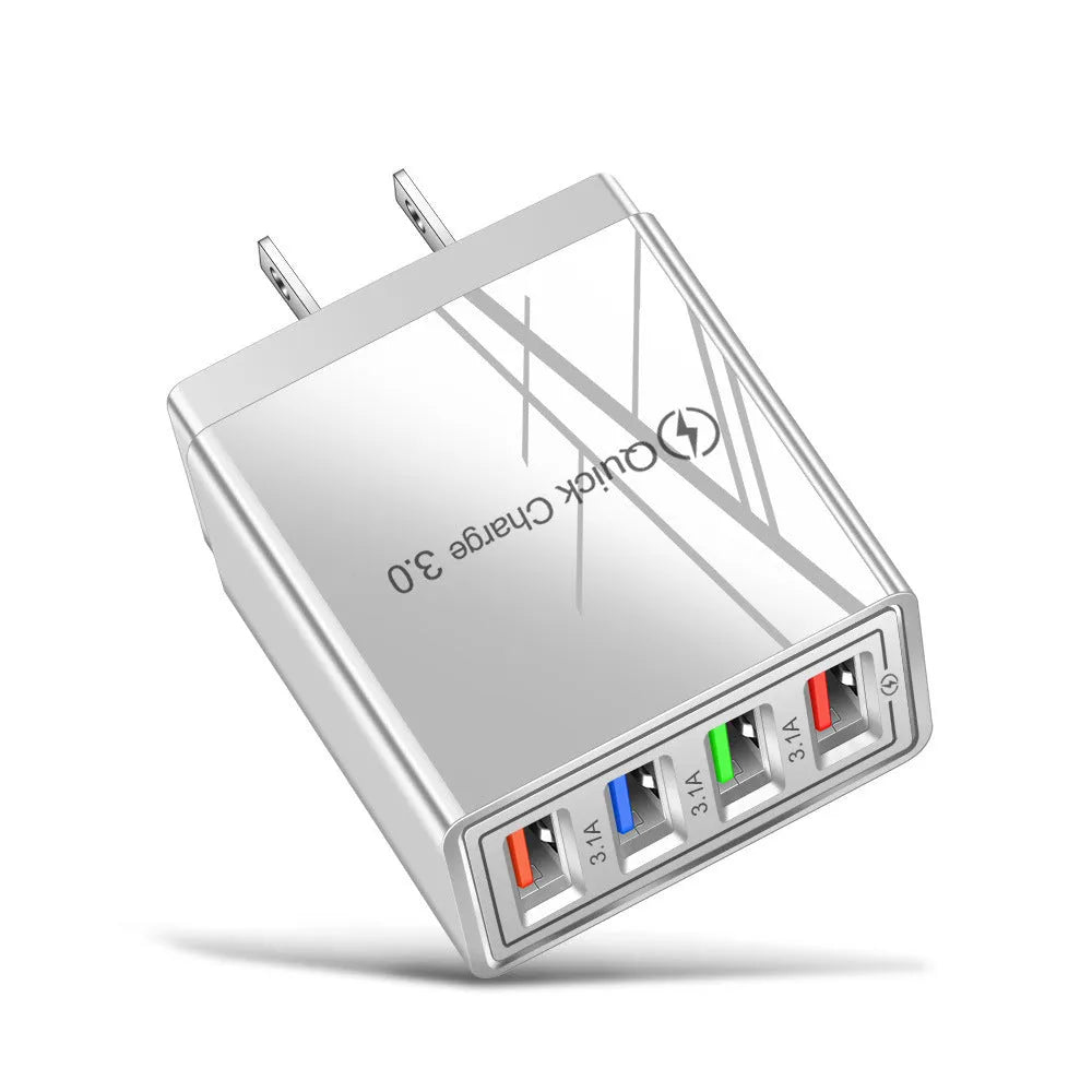 4-port USB mobile phone charger with illuminated indicators in multiple colour options