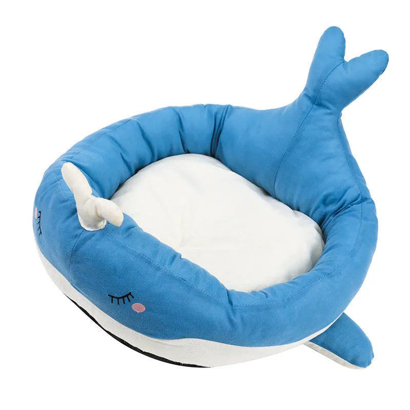 Blue duck-shaped fluffy pet bed for small dogs and cats with unique pattern