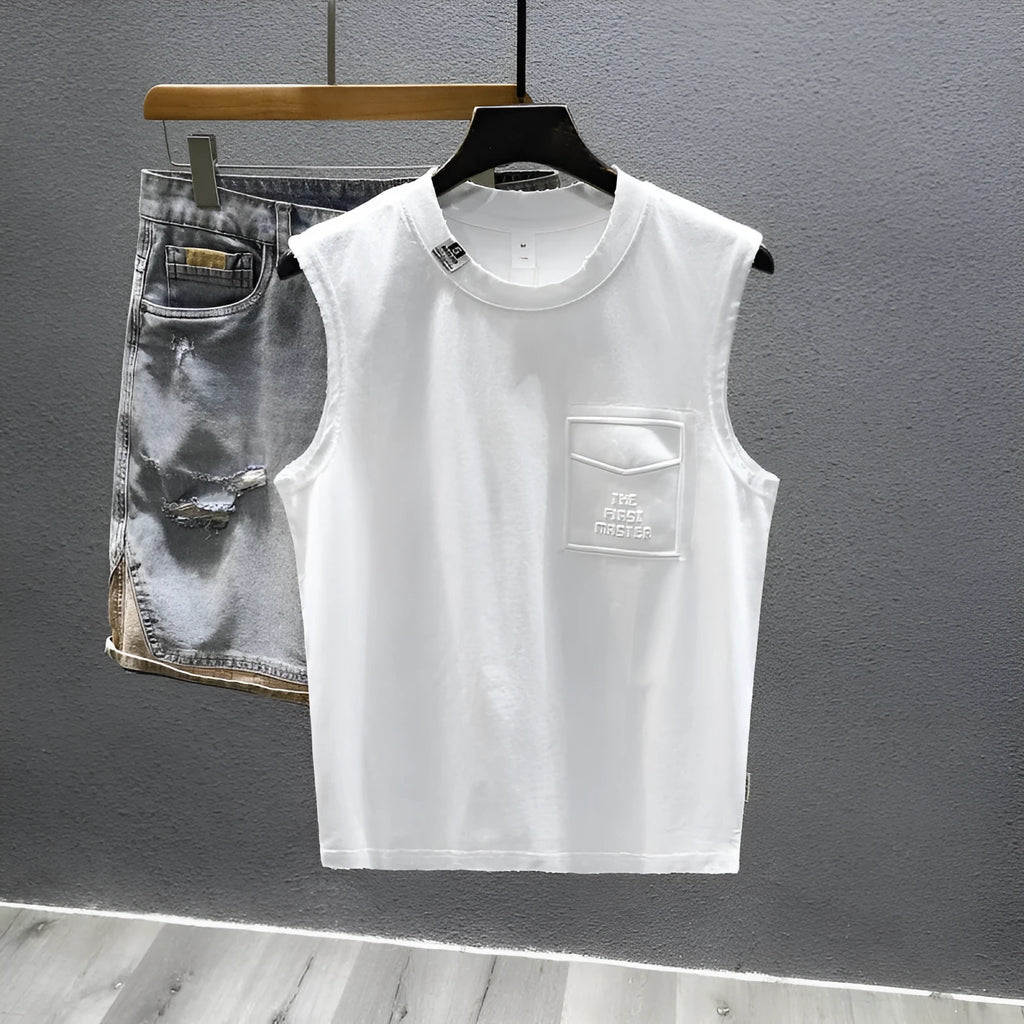 Men's solid colour cotton sleeveless t-shirt with loose fit design in black and white options