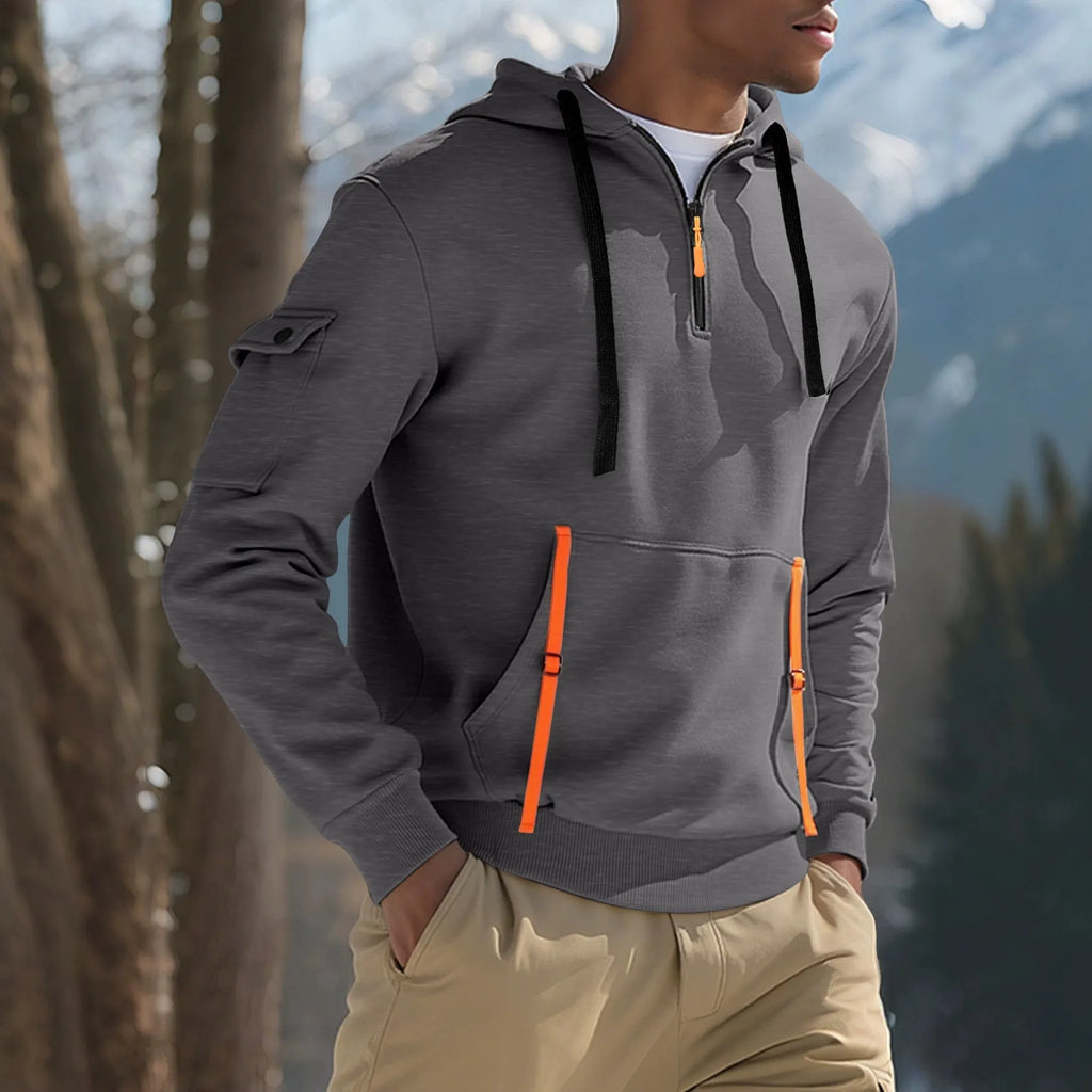Men's fleece-lined casual hoodie pullover in khaki, polyester, long sleeves, sizes S to XXXL