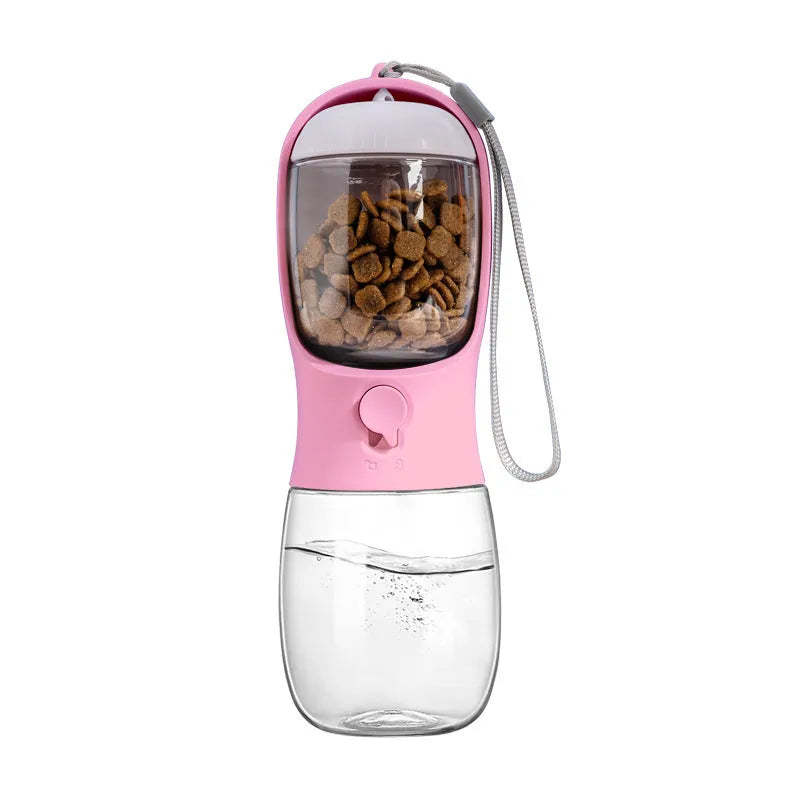 Portable pet water bottle with food container in blue, pink, and white 300ml and 550ml travel dispenser