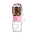 Portable pet water bottle with food container in blue, pink, and white 300ml and 550ml travel dispenser