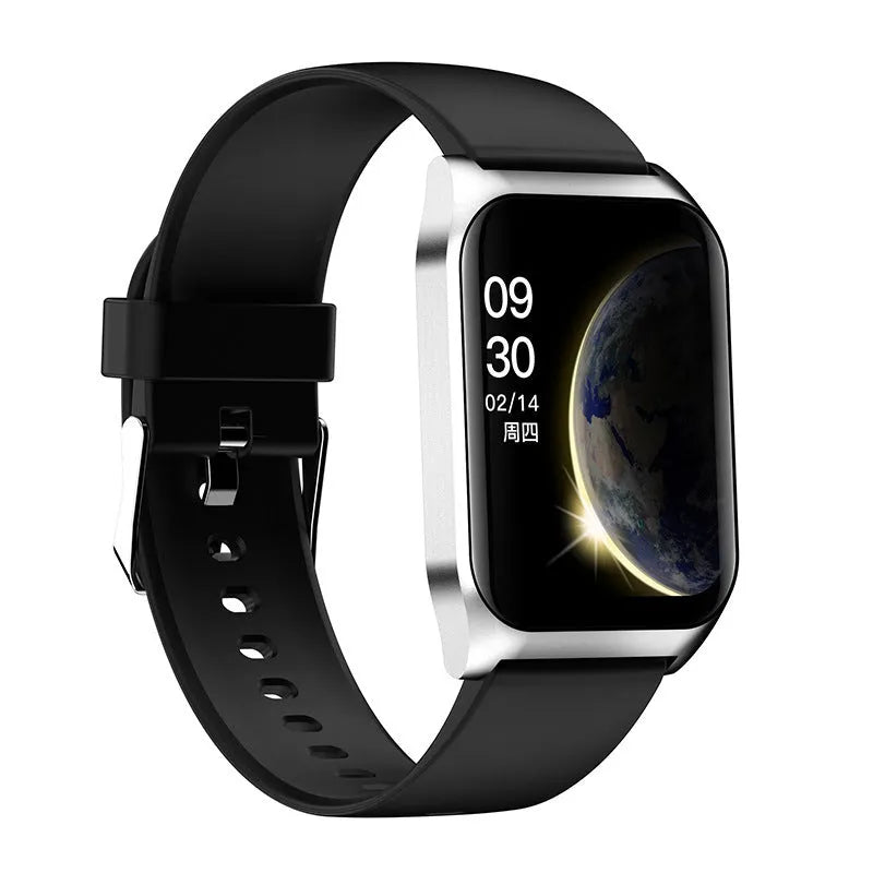 Black smartwatch with a 1.69-inch screen and silicone strap on a wrist, displaying a heart rate graph.