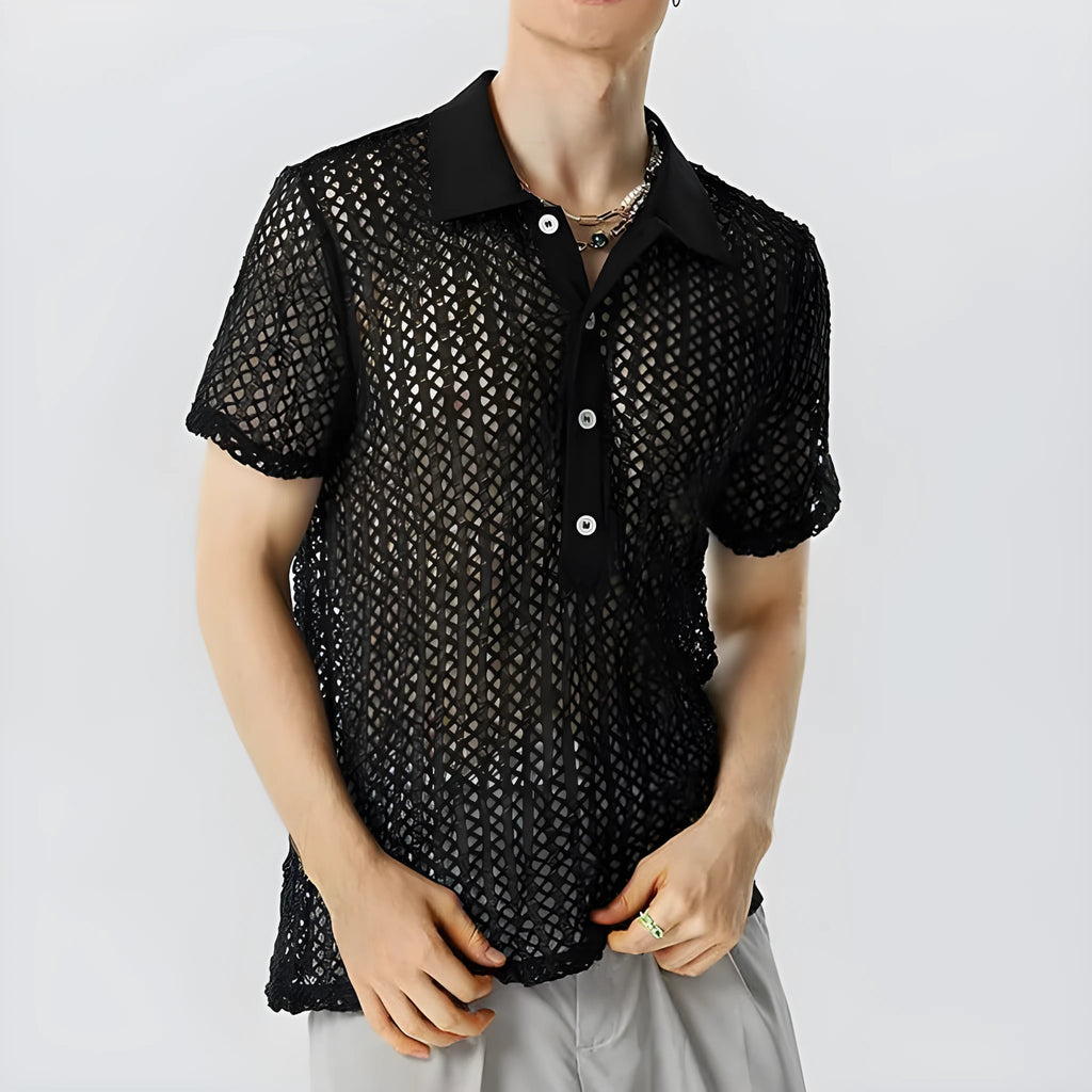 Men's solid colour black polyester jacquard lapel sweater on a model, showing the collar and knit texture