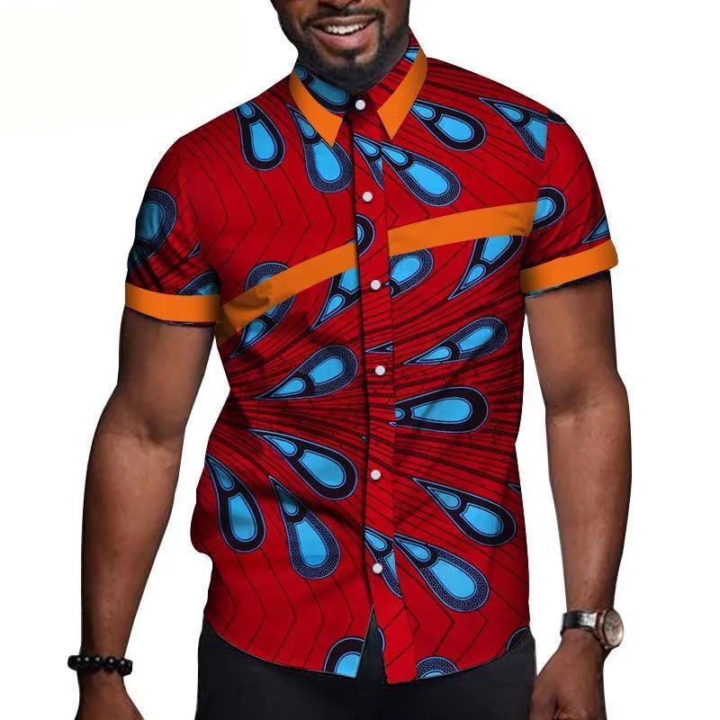 African men cotton printed short sleeve lapel t shirt with colourblock design, available in multiple colours