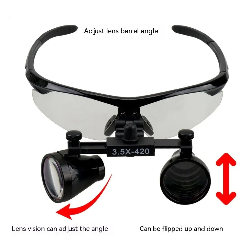 Black plastic head-mounted dental magnifying glass with LED light and 3.5X magnification lens